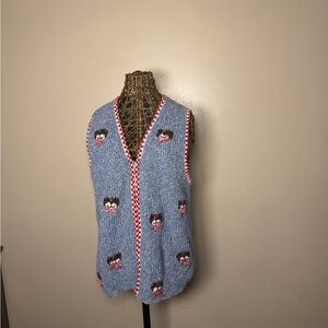 Blue Sleeveless knit vest with knitted bears and bow